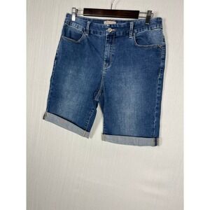 Chico's Denim Shorts Womens 1 Blue Cuffed Mid Rise Stretch Bermuda Classic Style